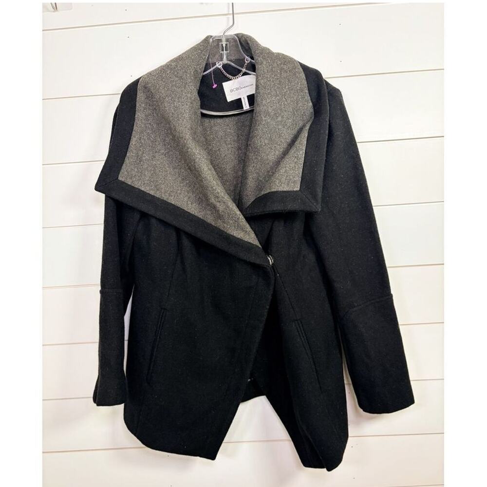 BCBGeneration Women's Wool Blend Knit Trim Trench Coat Black Gray Size Medium